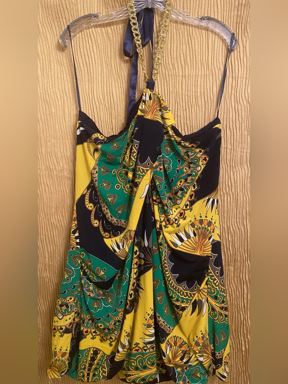 Kaelyn Max II Yellow, Green & Black Paisley Mini Dress with Chain Neck Tie
